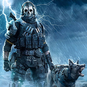 Ghost Azrael tactical soldier with German Shepherd in stormy digital artwork, Simon Ghost Riley ideas. call of duty ghosts, call of duty, ghost, Ghost Azrael HD wallpaper