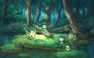 Leafeon and Petilil in a Lush Enchanted Forest with Stream and Wildflowers HD wallpaper