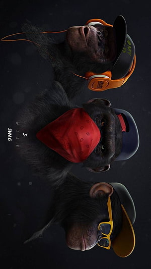 Three 3D Chimps in Streetwear Caps, Headphones, and Bandana on Dark Background HD phone wallpaper