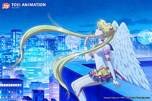 Sailor Moon Cosmos Winged Form Sitting on Rooftop Over Night City HD wallpaper