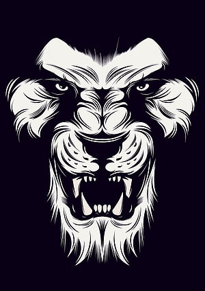 Fierce Roaring Lion Head Vector Illustration in High Contrast Black and White HD phone wallpaper