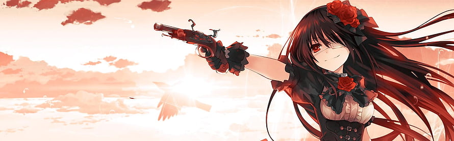 Anime Girl in Black Dress Aiming Ornate Revolver Against Sunset Sky HD wallpaper