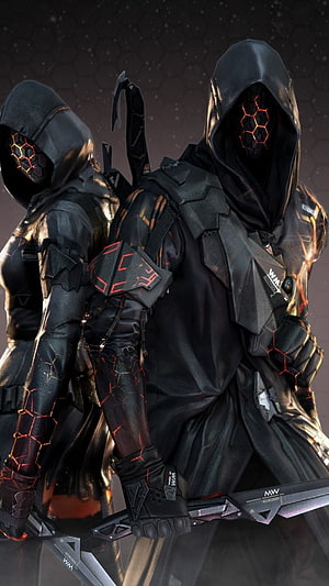 Cyberpunk Ninja Soldiers in Black Tactical Armor with Glowing Red Hexagonal Visors HD phone wallpaper