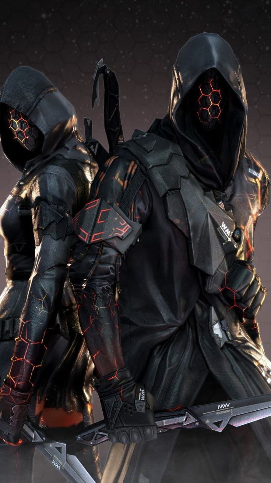 Cyberpunk Ninja Soldiers in Black Tactical Armor with Glowing Red Hexagonal Visors HD phone wallpaper
