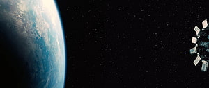 Interstellar Space Station Orbiting Earth Against Starry Deep Space Background HD wallpaper