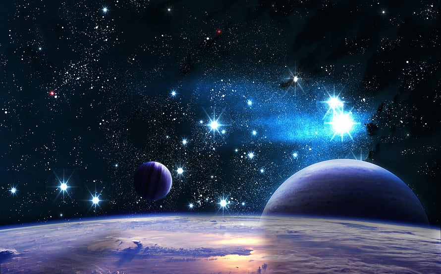 Vast Cosmic Landscape Featuring Distant Planets and Brilliant Star Clusters Above a Cloudy Horizon HD wallpaper