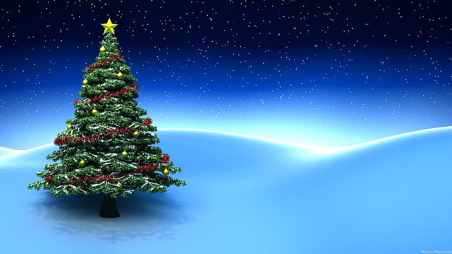 Festive Christmas Tree with Star and Ornaments in Snowy Night Landscape HD wallpaper