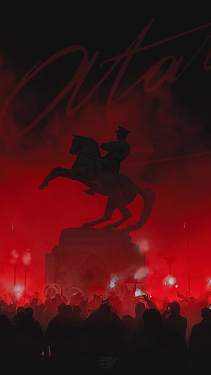 Atatürk Onur Anıtı Equestrian Statue Silhouette Against Red Smoke and Crowd HD phone wallpaper
