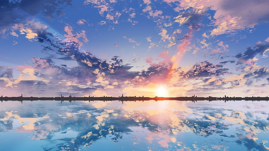Anime Style Sunset Over Calm Water With Reflective Clouds And Distant City Skyline HD wallpaper