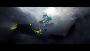 Rayquaza Soaring Through Stormy Clouds in Dramatic Pokemon Scene HD wallpaper