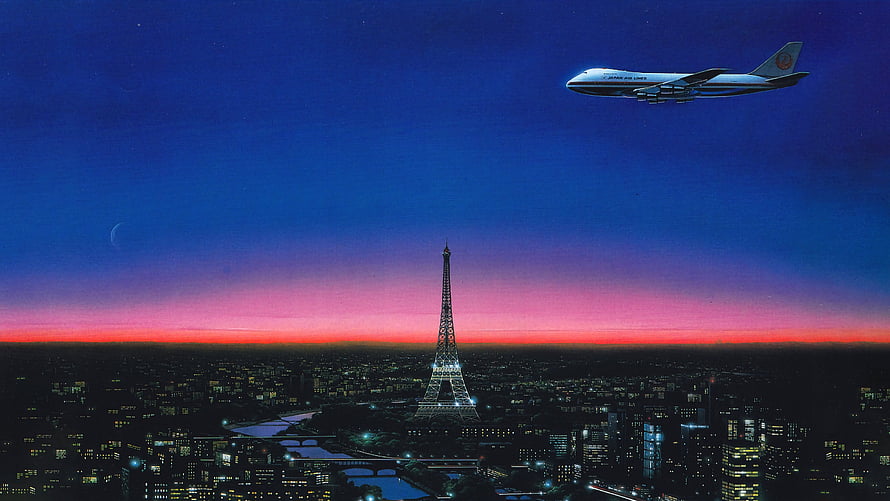 Tsuneo Sanda 1986 Paris Cityscape with Eiffel Tower and Airplane at Dusk HD wallpaper