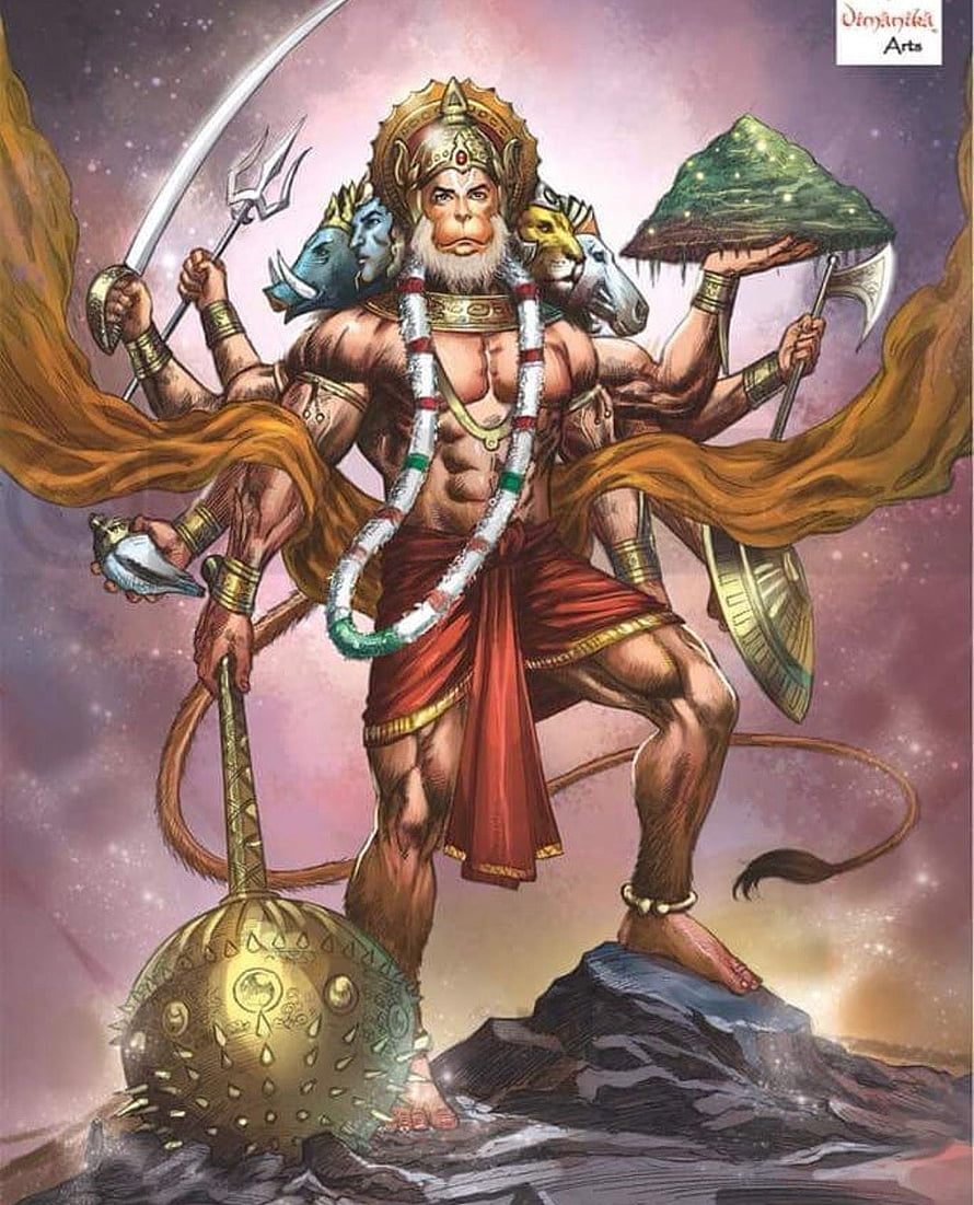 Hanumanji Multi-Armed Warrior Illustration with Gada and Trishul HD phone wallpaper