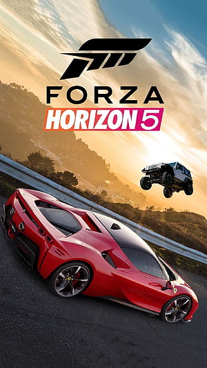Forza Horizon 5 Key Art Featuring Red Ferrari and Off-Road Jeep on Coastal Highway at Sunset HD phone wallpaper