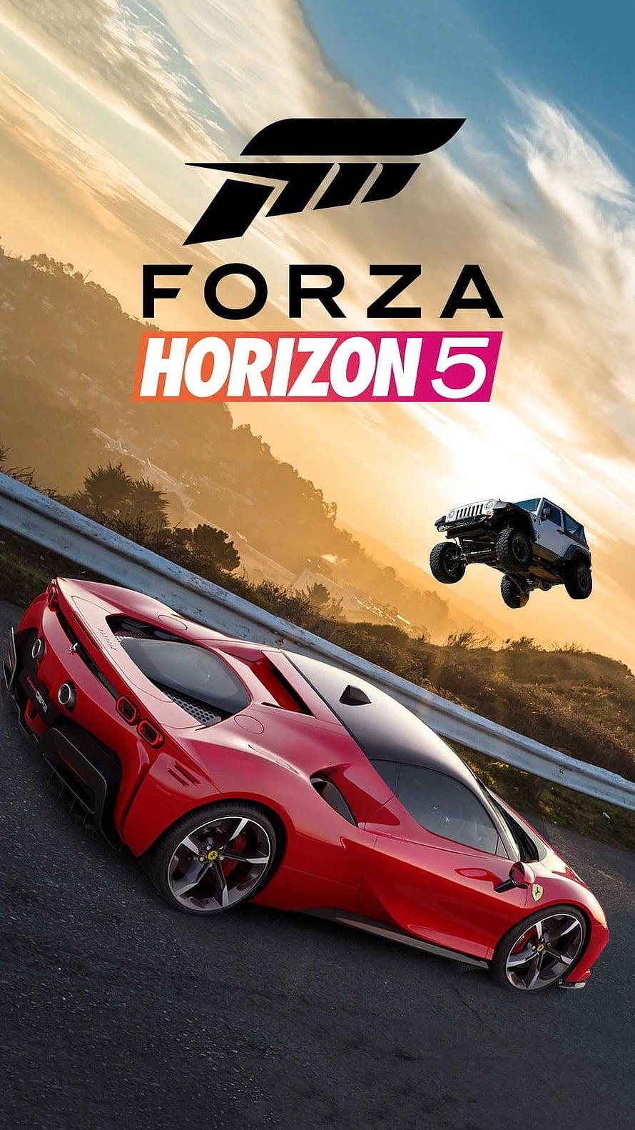 Forza Horizon 5 Key Art Featuring Red Ferrari and Off-Road Jeep on Coastal Highway at Sunset HD phone wallpaper