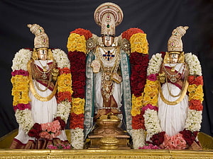 Tirumala Venkateswara Swamy Deity Adorned With Floral Garlands And Gold Jewelry HD wallpaper