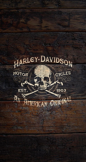 Vintage Harley-Davidson Skull and Crossbones Emblem on Dark Weathered Wood Planks HD phone wallpaper