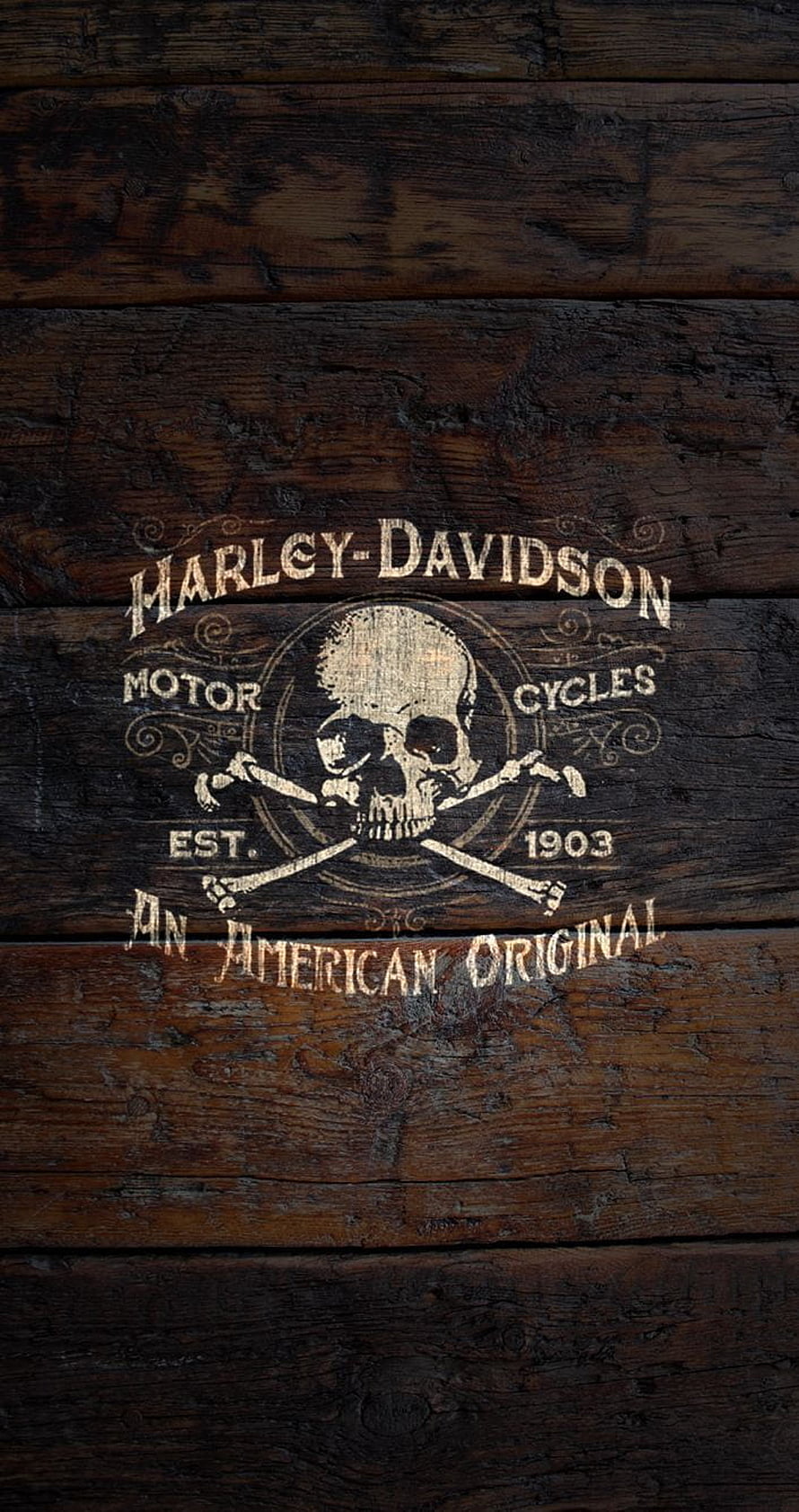 Vintage Harley-Davidson Skull and Crossbones Emblem on Dark Weathered Wood Planks HD phone wallpaper