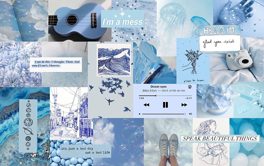 Baby Blue Aesthetic Collage Featuring Ukelele, Jellyfish, and Inspirational Quotes HD wallpaper