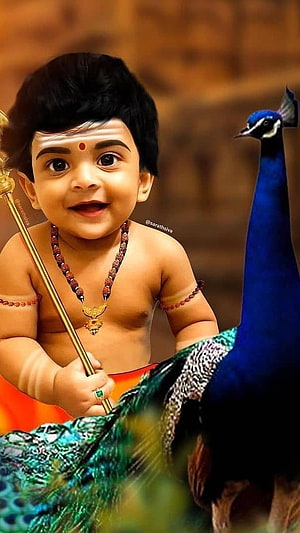 Cute Baby Lord Murugan with Peacock and Golden Spear HD phone wallpaper
