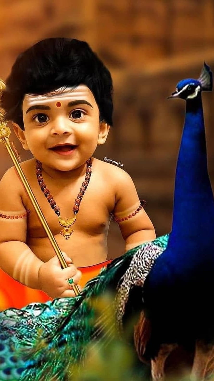 Cute Baby Lord Murugan with Peacock and Golden Spear HD phone wallpaper
