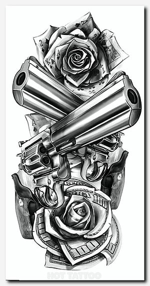 Black and White Tattoo Design Featuring Crossed Revolvers, Roses, Playing Cards, and Cash HD phone wallpaper