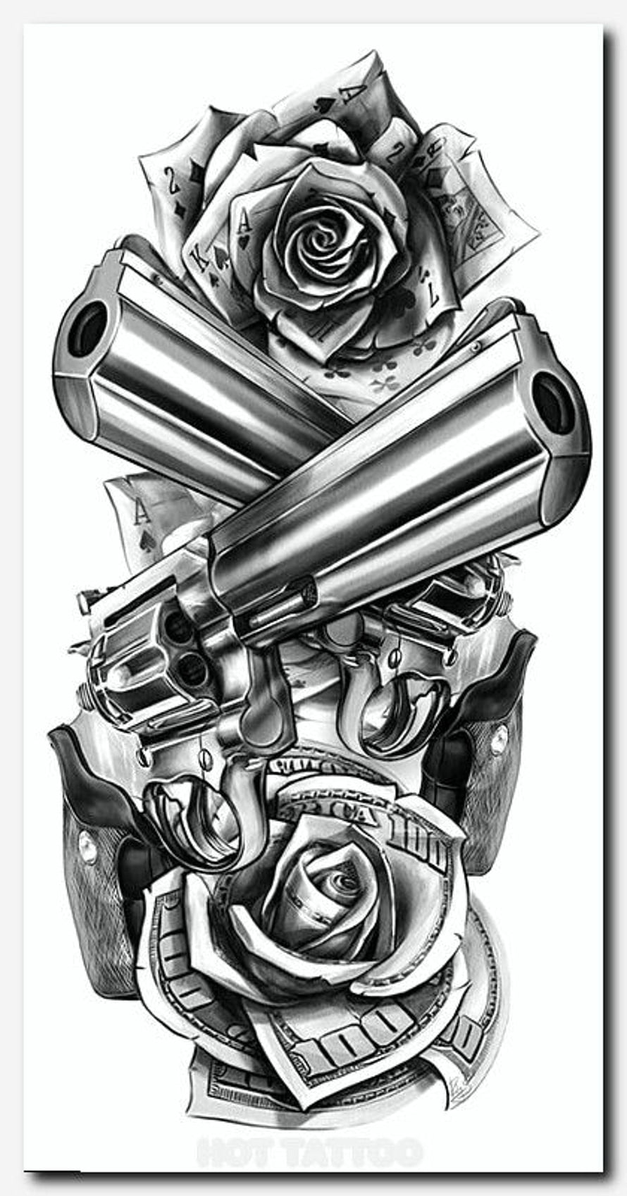 Black and White Tattoo Design Featuring Crossed Revolvers, Roses, Playing Cards, and Cash HD phone wallpaper