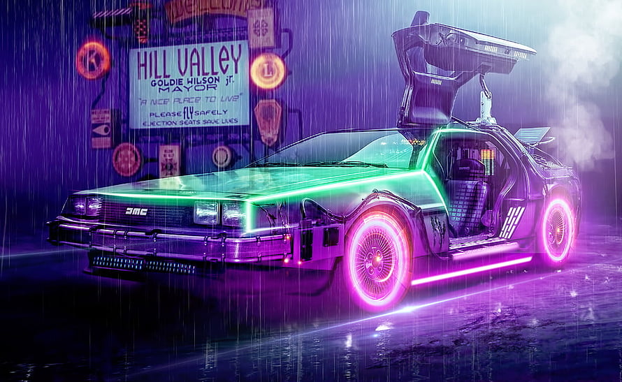 Back To The Future DeLorean Time Machine in Neon Rain HD wallpaper