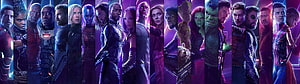 Marvel Avengers Endgame Character Lineup Poster with Vibrant Purple and Blue Lighting HD wallpaper