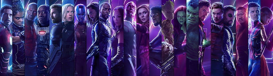 Marvel Avengers Endgame Character Lineup Poster with Vibrant Purple and Blue Lighting HD wallpaper