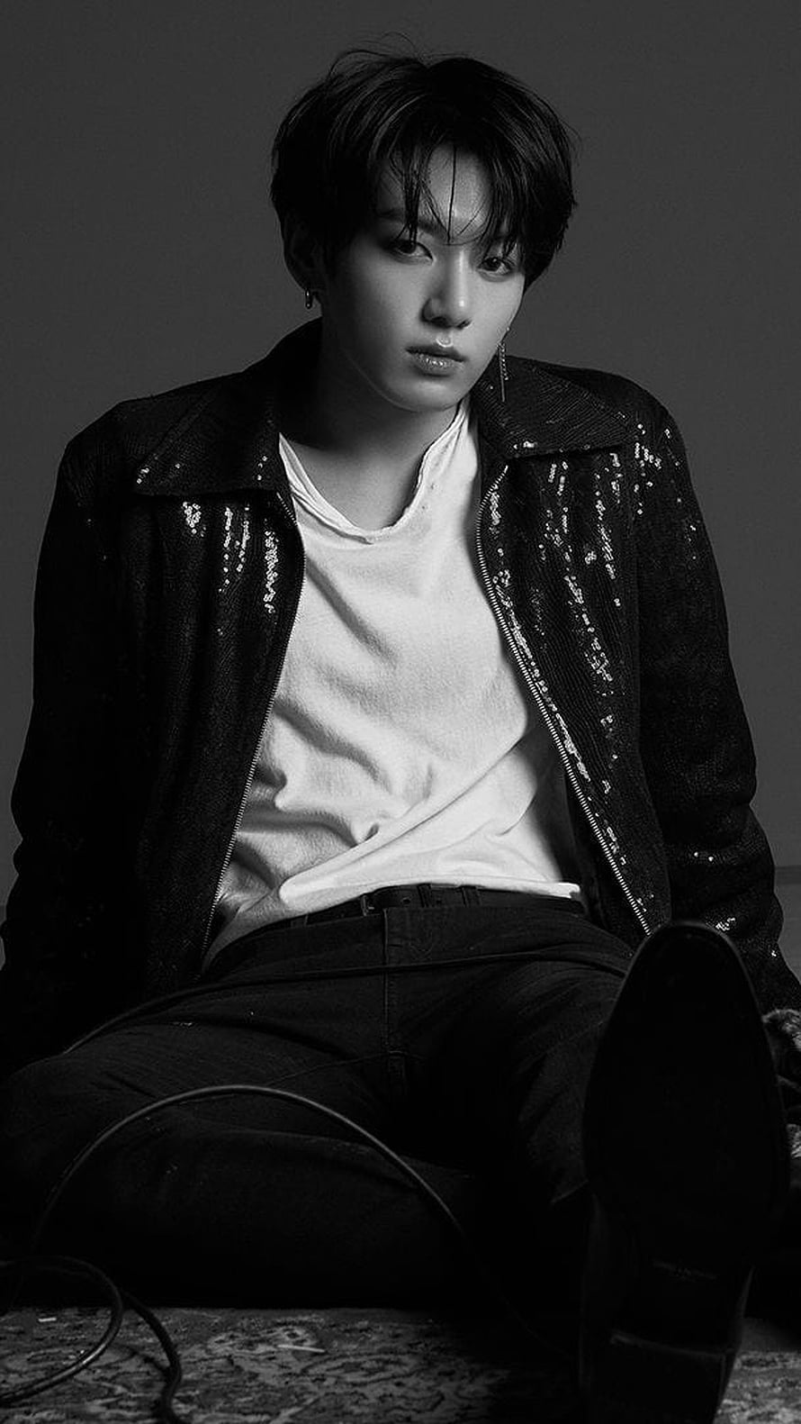 Jungkook Black and White Portrait in Sequined Jacket and White Tee HD phone wallpaper