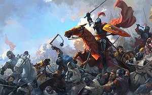 Medieval Knight on Horseback Leading a Fierce Cavalry Charge Through a Chaotic Battlefield HD wallpaper