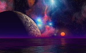 Alien Planet Horizon with Nebula and Starfield Over Dark Ocean HD wallpaper