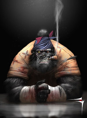 Gorzilla: A menacing gorilla in a bandana smoking a cigar with bandaged hands in a dark digital illustration HD phone wallpaper