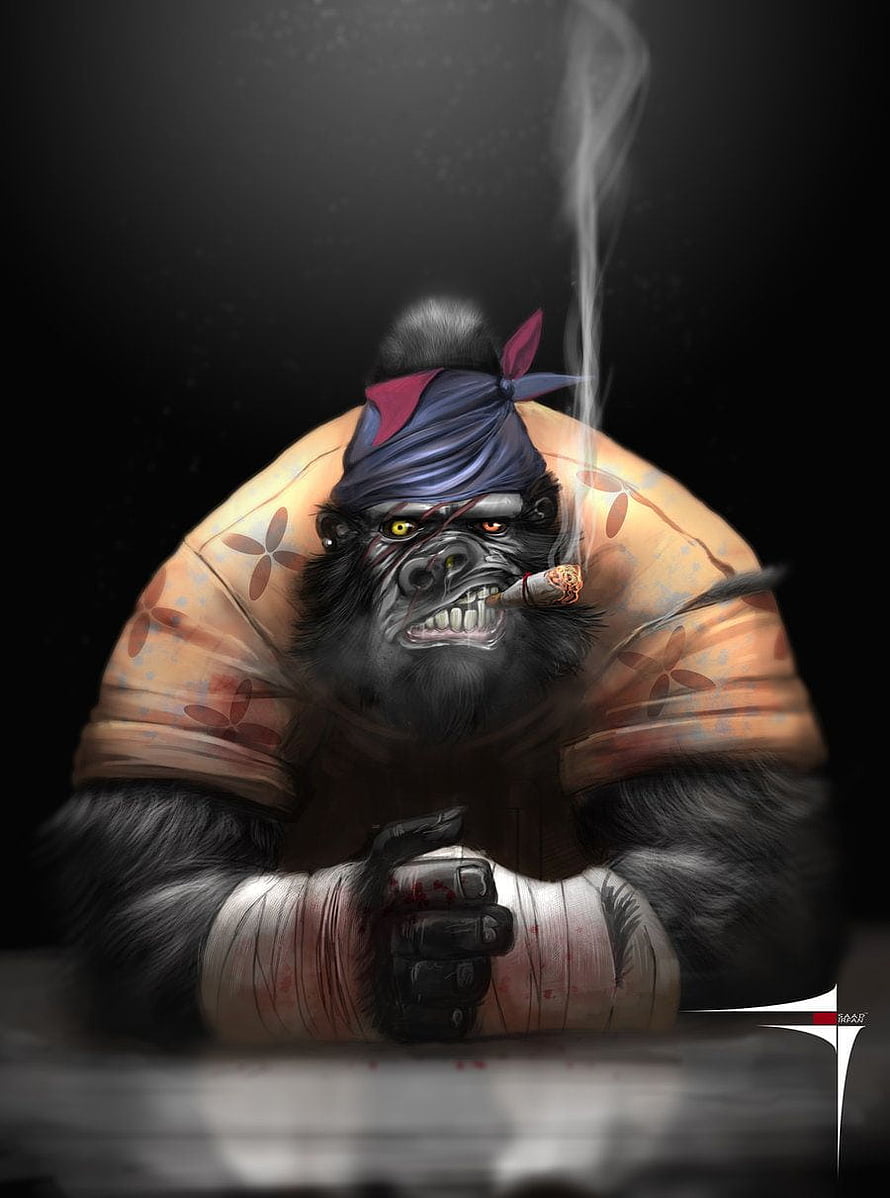 Gorzilla: A menacing gorilla in a bandana smoking a cigar with bandaged hands in a dark digital illustration HD phone wallpaper