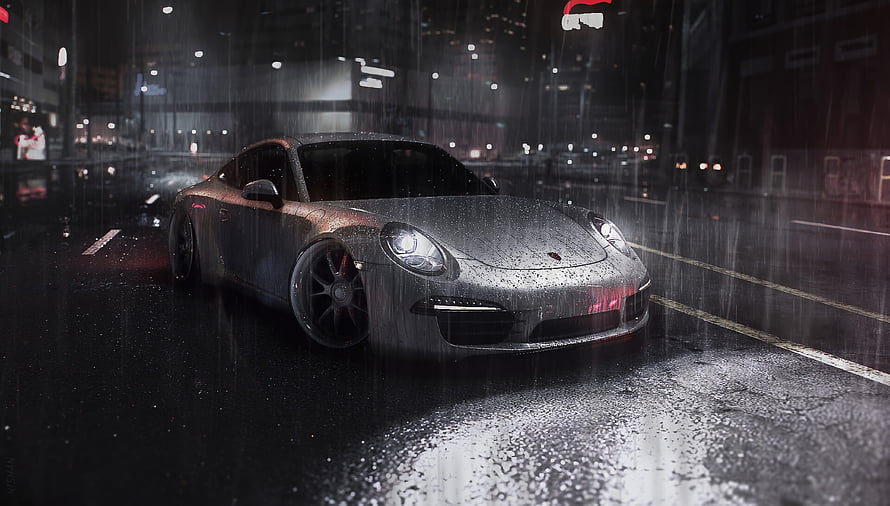 Silver Porsche 911 sports car parked on a wet city street at night in the rain HD wallpaper
