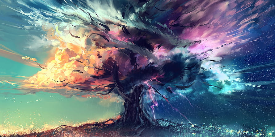 Vibrant Fantasy Tree of Life with Cosmic Nebula Canopy and Ethereal Lightning HD wallpaper