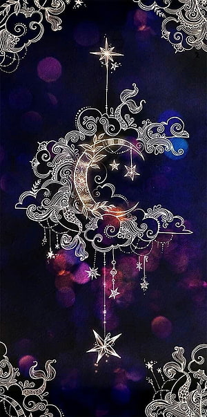 Intricate White Line Art Crescent Moon and Stars on Dark Purple Bokeh Background HD phone wallpaper