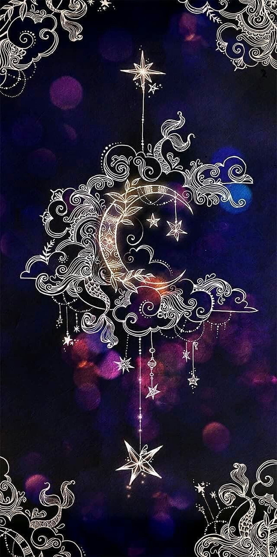Intricate White Line Art Crescent Moon and Stars on Dark Purple Bokeh Background HD phone wallpaper