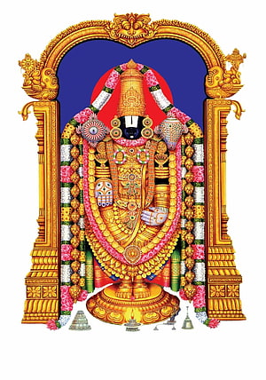 Lord Tirupati Balaji adorned in gold ornaments and flower garlands within a decorative arch HD phone wallpaper