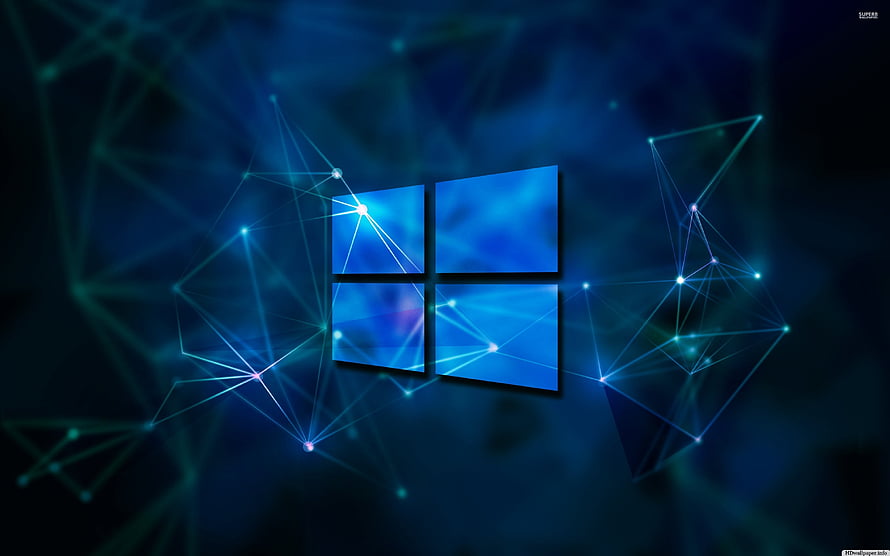Windows 10 Logo with Glowing Network Nodes and Connected Lines on Dark Blue Background HD wallpaper