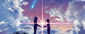 Two Silhouetted Figures Reaching Toward a Radiant Starburst in a Dreamy Cloudy Sky HD wallpaper