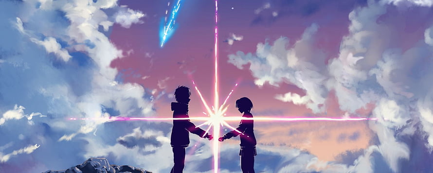 Two Silhouetted Figures Reaching Toward a Radiant Starburst in a Dreamy Cloudy Sky HD wallpaper
