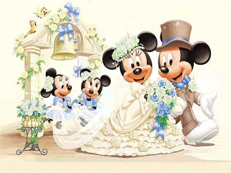Mickey Mouse and Minnie Mouse Wedding Scene with Flower Girls and Wedding Bell Arch HD wallpaper