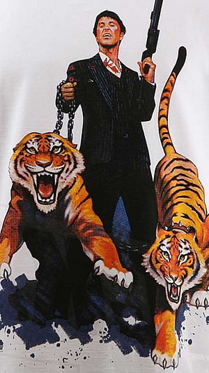 Scarface Tony Montana with Tigers and Shotgun Illustration HD phone wallpaper
