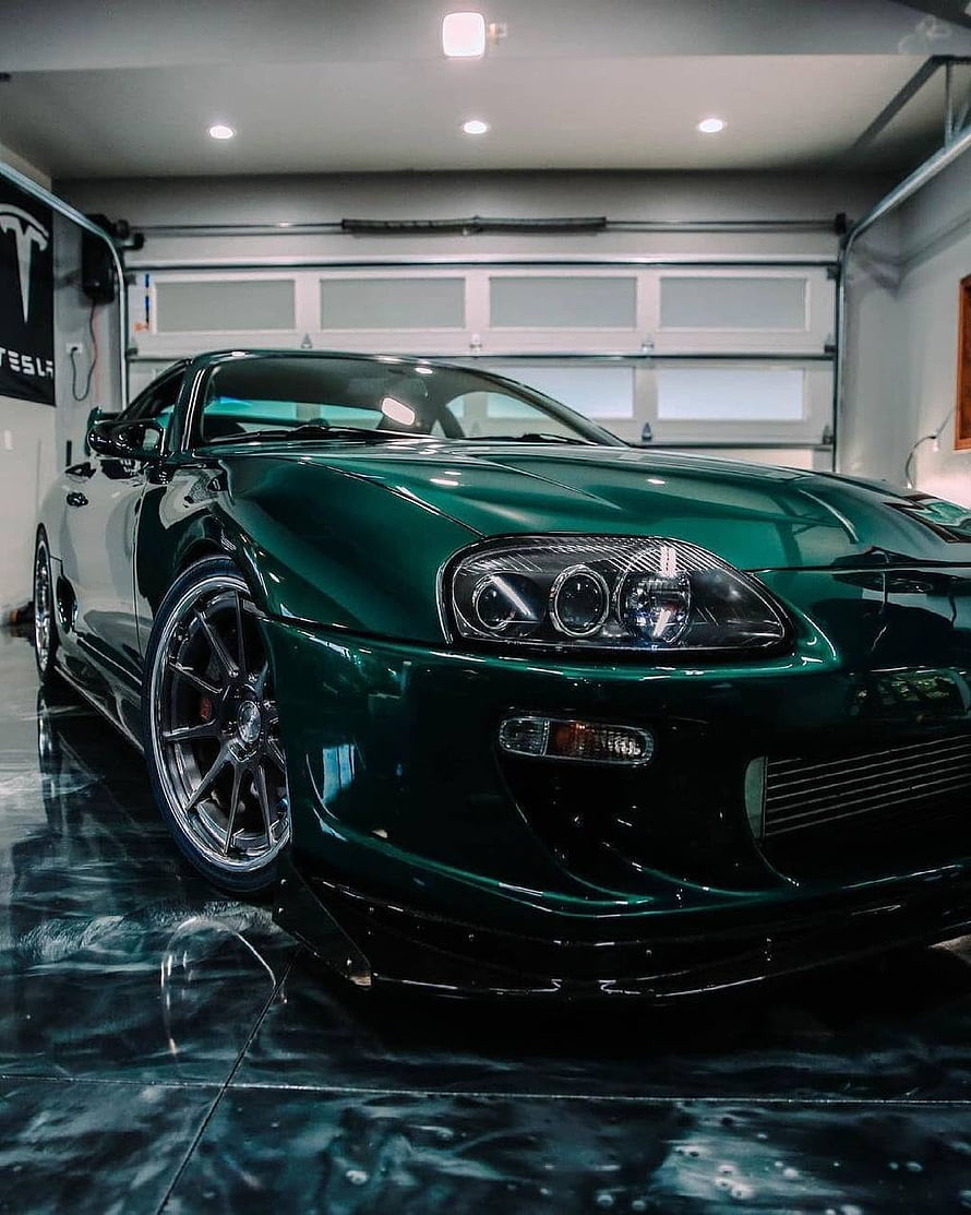 Deep Green Toyota Supra MK4 A80 JDM Coupe in Modern Garage HD phone wallpaper