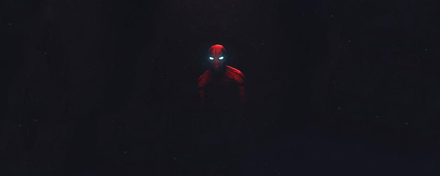 Spider-Man in a Dark Minimalist Scene with Glowing Eyes and Red Suit HD wallpaper