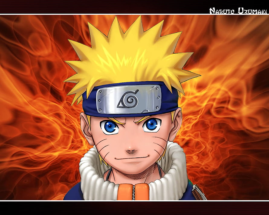 Naruto Uzumaki anime portrait with spiky blonde hair and fiery orange background HD wallpaper