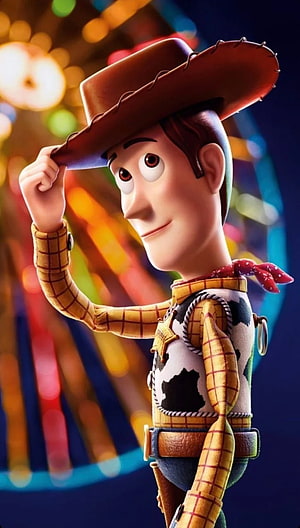 Woody from Toy Story tipping his cowboy hat against a colorful carnival light background HD phone wallpaper