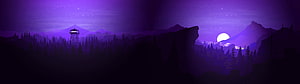 Purple Nighttime Mountain Landscape with Watchtower and Full Moon Silhouette HD wallpaper