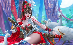 Fantasy warrior woman in ornate red armor with white cranes and flowing silk banners HD wallpaper